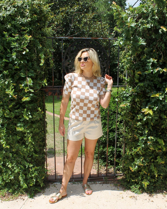 Brown Checkered Puff Sleeve Top