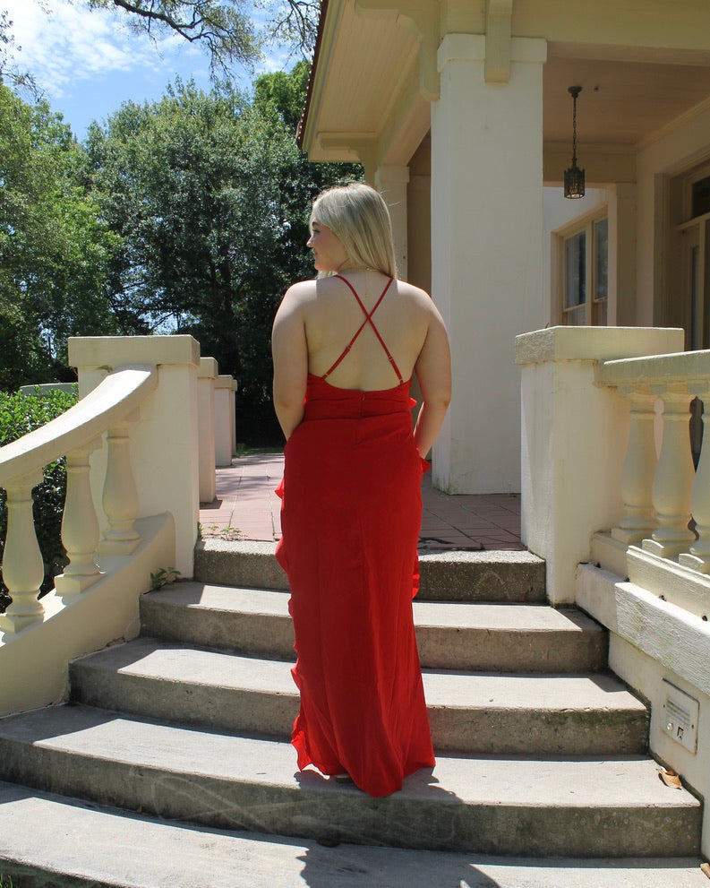 Red Slit Ruffle Dress