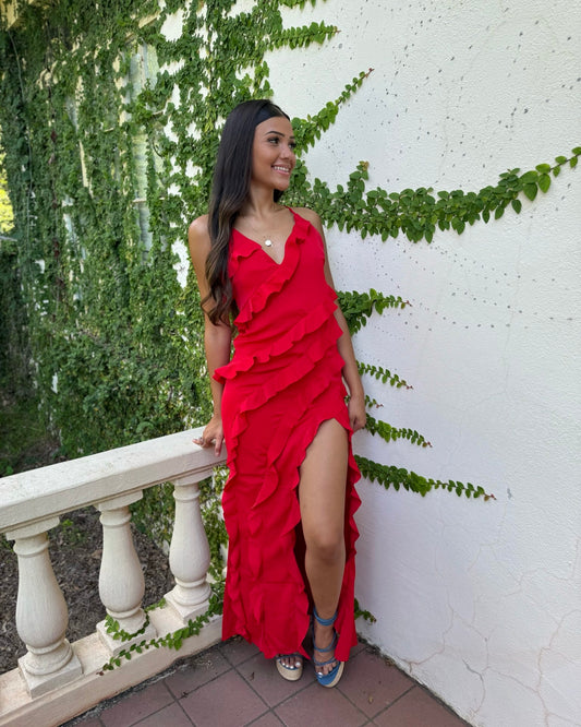 Red Slit Ruffle Dress