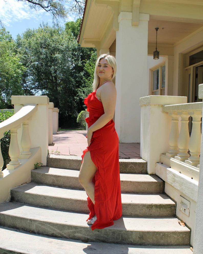 Red Slit Ruffle Dress