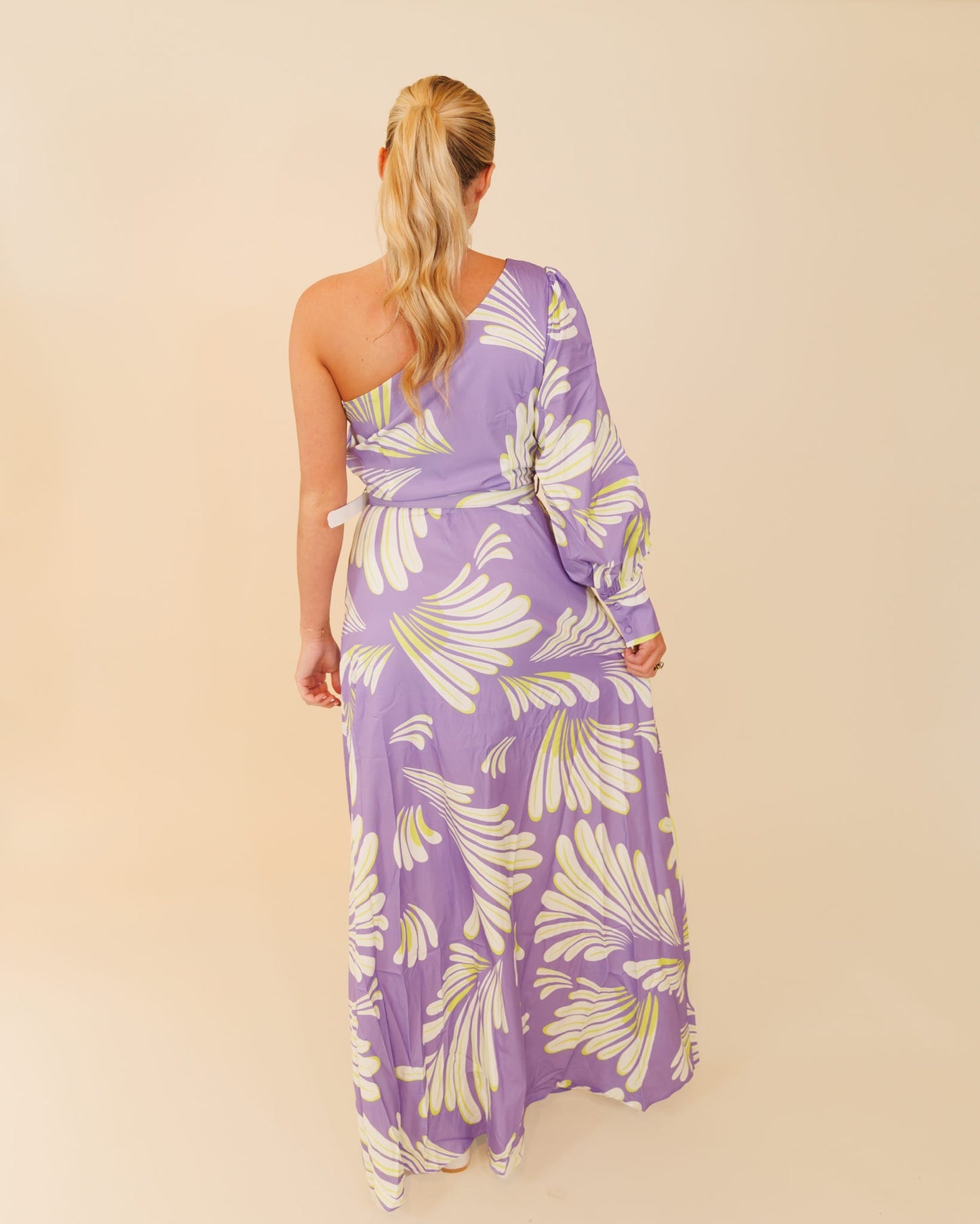 Like the Moon | Printed Purple/Green One Shoulder Front Slit Maxi Dress
