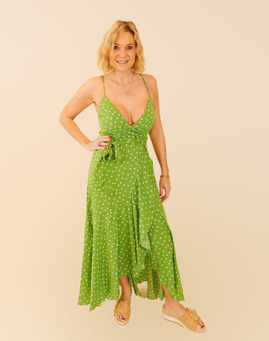 Vine & Love | Green Adjustable Strap Tie Waist Dot Print Long Wrap Dress