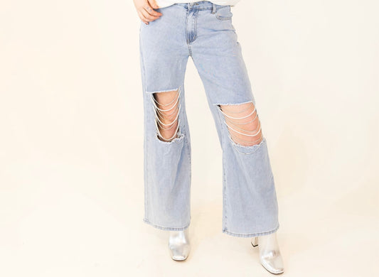 blue b. | Wide Leg Pearl and Rhinestone Embellished Cut Out Jeans