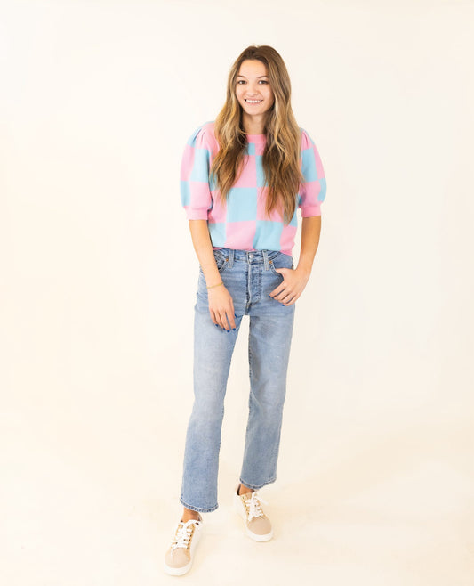 Peach Love | Pink/Blue Color-block Puff Sleeve Sweater Shirt