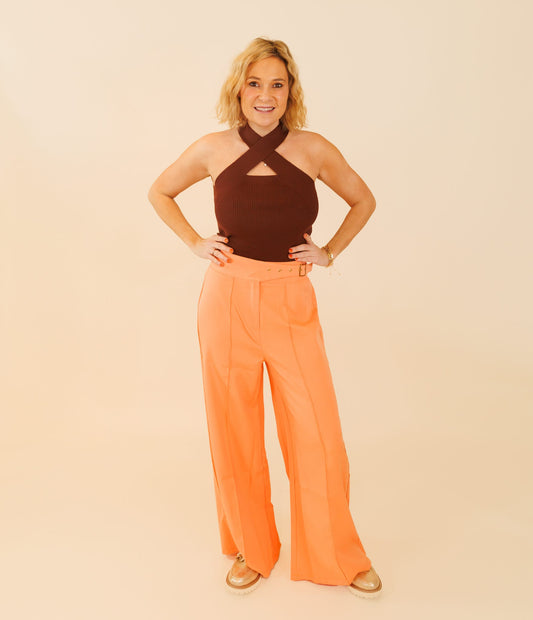 Like the Moon | Peach Coral Wide Leg Pants with Side Belt