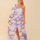 Like the Moon | Printed Purple/Green One Shoulder Front Slit Maxi Dress